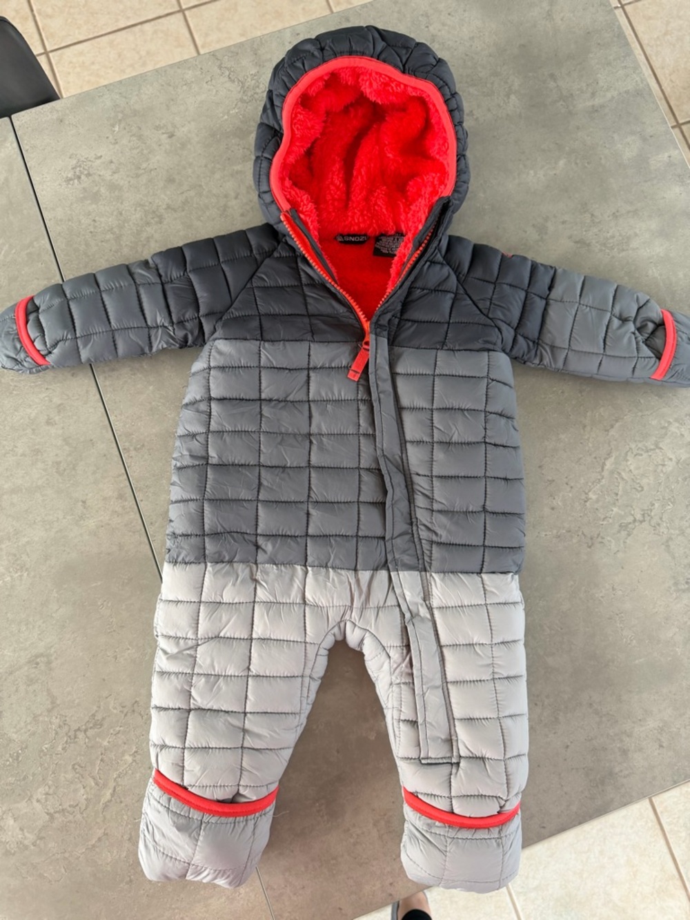 Snozu Gray Outer with Bright Red Plush Lining Baby Snowsuit